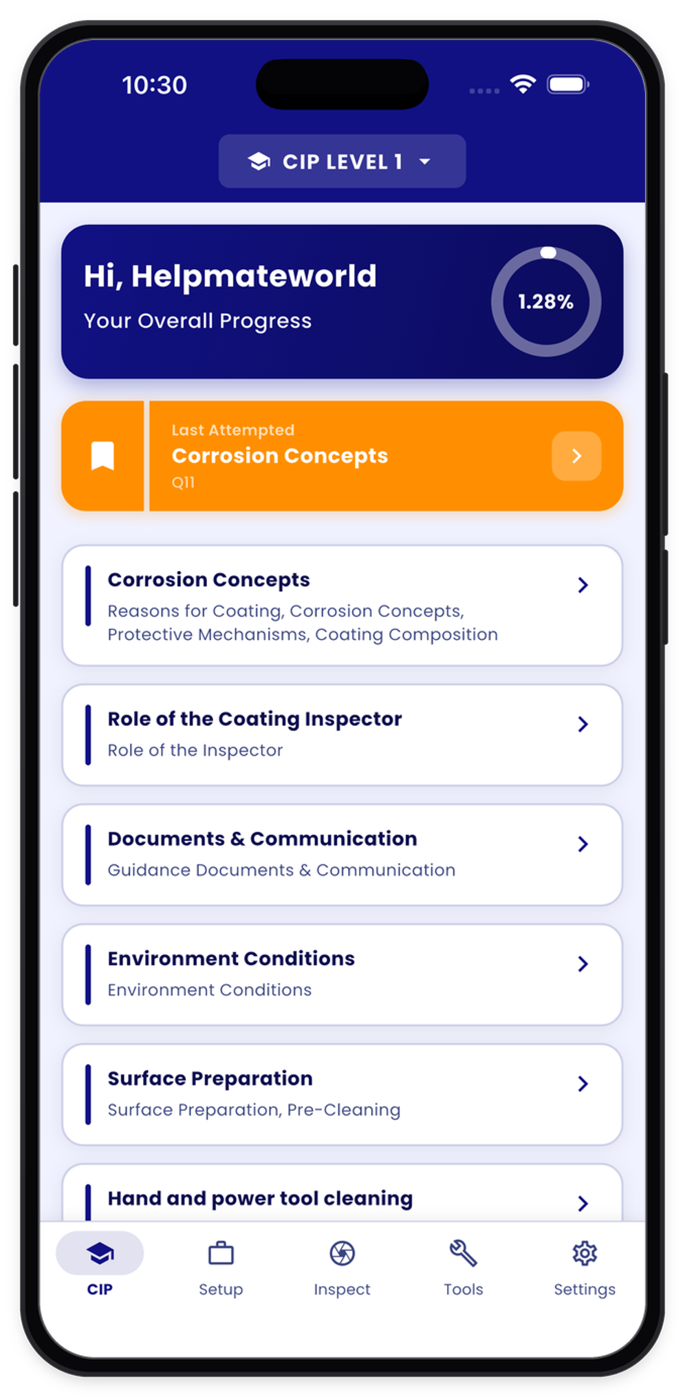 Coating Inspector app — exam preparation screen