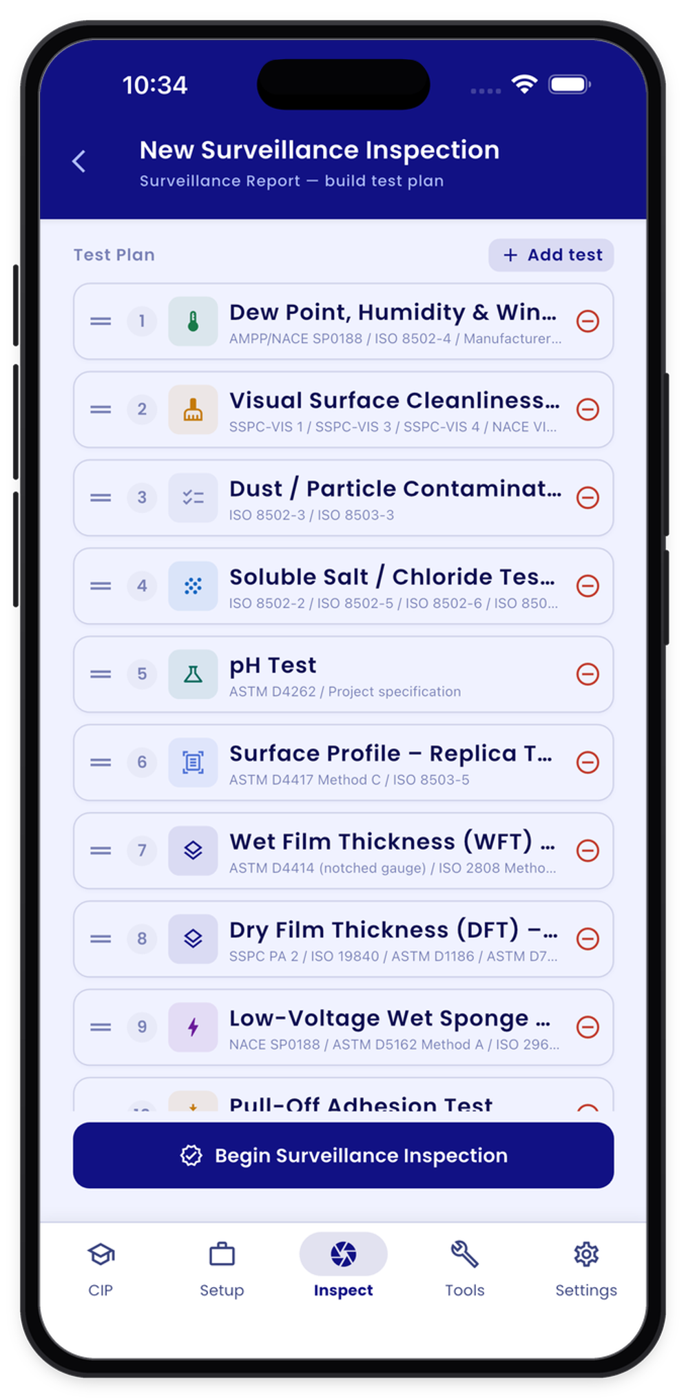 Coating Inspector app — field test screen
