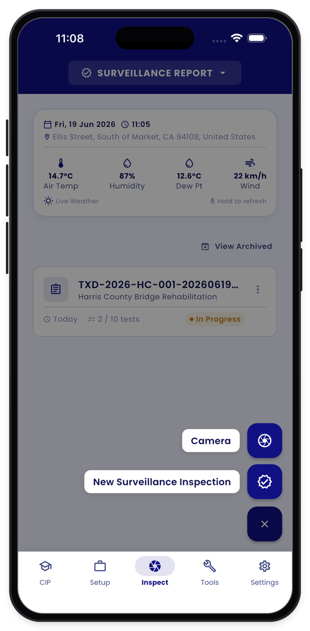 Coating Inspector app — dashboard screen